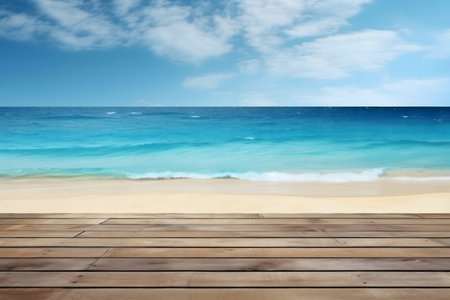 Serene beach scene with a wooden deck overlooking a tranquil turquoise ocean under a sunny sky.の写真素材