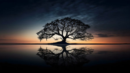 A lone tree silhouetted against a vibrant sunset, perfectly reflected in calm water.の写真素材