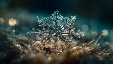 A detailed close-up of a single, intricately snowflake resting on snow.の写真素材