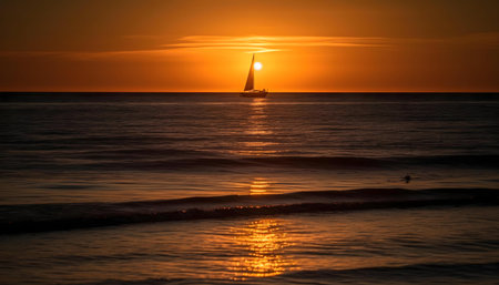 Sailboat at sunset, tranquil ocean, golden light