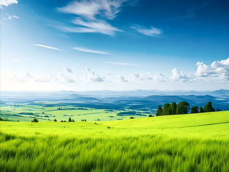 Picturesque view of rolling green fields extending to distant mountains under a bright blue sky.の写真素材