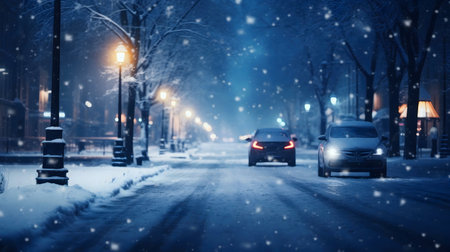 Cars drive through a snow-covered city street at night.