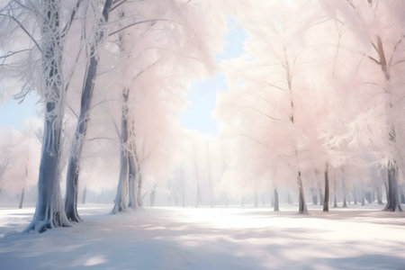 A mesmerizing winter scene of snow-covered trees in a sunlit forest. The frosty branches create a...