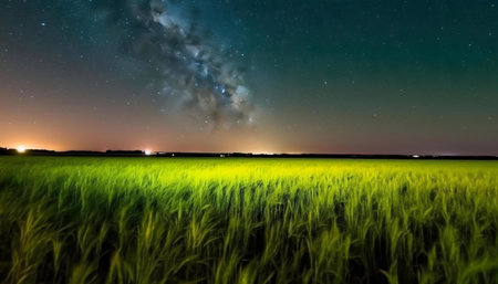 Stunning night sky view of the Milky Way over a vibrant green field.の写真素材