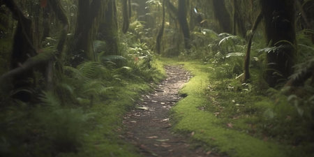 A tranquil forest path, lush greenery, sunlight