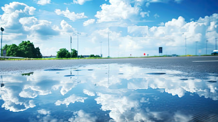 A beautiful sky mirroring in a puddle on a sunny dayの写真素材