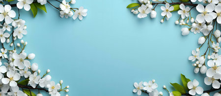 White blossoms create a lovely frame on a serene blue background.の写真素材