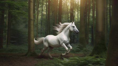 A breathtaking image of a white stallion running freely through a mystical forest.の写真素材