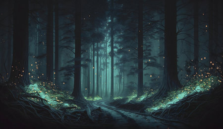 A digital painting of an enchanting forest path at night, illuminated by glowing lights and fireflies.の写真素材