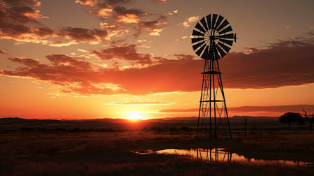 Windmill at sunset, reflecting in puddle. Rural landscape.の写真素材