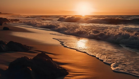 Stunning sunset over ocean waves gently washing ashore.の写真素材