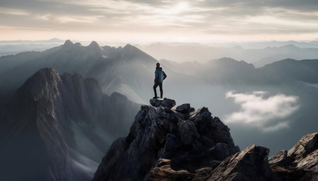 Hiker on mountain top, sunrise view.の写真素材