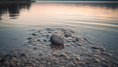 Tranquil lake sunset scene with smooth stonesの写真素材