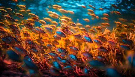 Stunning underwater shot of a large school of vibrant fish near a coral reef.の写真素材