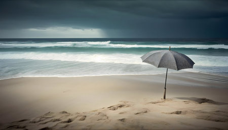 A lonely umbrella stands on a sandy beach, facing a stormy sea. Dramatic clouds and crashing waves create a moody atmosphere.の写真素材