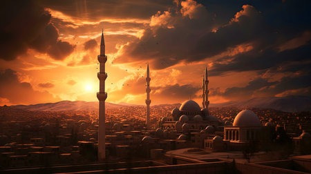 A breathtaking sunset casts a warm glow over a grand mosque and the city below. A scene of tranquility and faith.の写真素材