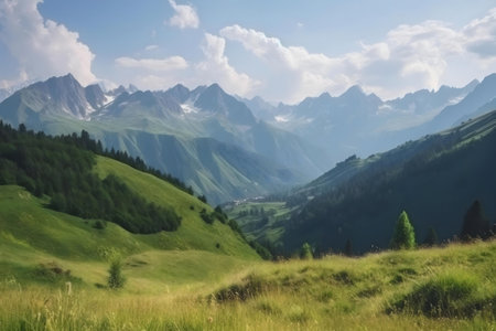 Serene mountain valley landscape on a sunny summer day. Breathtaking view.の写真素材