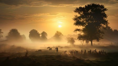 Shepherd silhouetted against a misty golden sunrise over a peaceful meadow.の写真素材