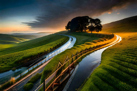 A picturesque landscape at sunset, featuring rolling green hills, a waterway, and a winding road.