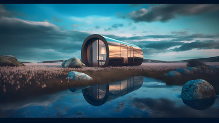 A sleek, modern capsule home sits beside a serene lake, reflecting the tranquil evening sky.の写真素材