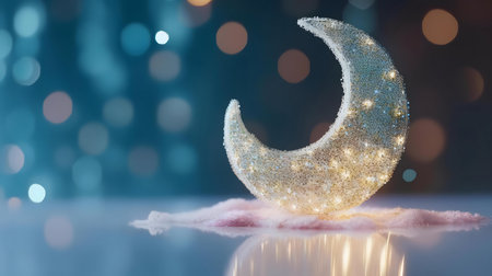 A magical crescent moon with glittering lights rests on a soft surface, creating a dreamy atmosphere.の写真素材
