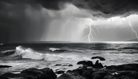 Black and white photo of a dramatic ocean scene with lightning strikes.の写真素材