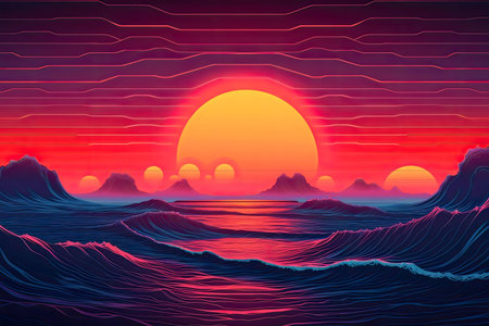 Vibrant digital art depicting a synthwave sunset over a stylized ocean.の写真素材