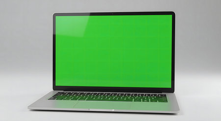 Clean image of a silver laptop with a vibrant green screen, ideal for digital mockups.の写真素材