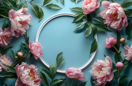 Pink peonies arranged around a white frame on a blue background.の写真素材