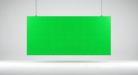 A large green screen hangs in a minimalist white studio. Ideal for graphic designers and filmmakers.の写真素材