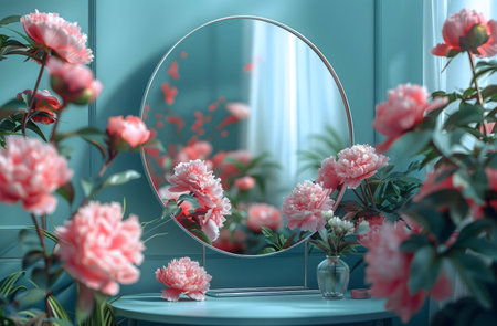 Pink peonies reflected in a mirror, teal background.の写真素材