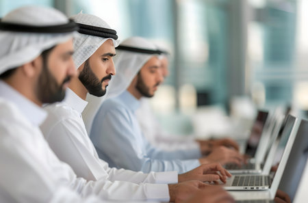 Focused Arab businessmen using laptops in a contemporary office setting.の写真素材