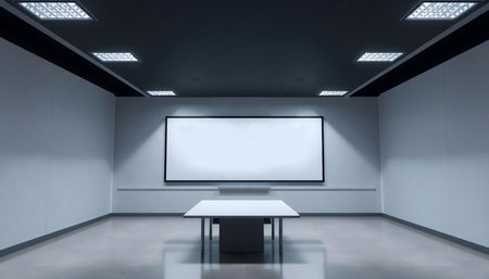 Empty modern conference room with a large blank screen and a table.の写真素材