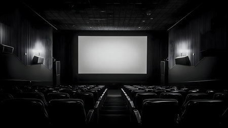 A black and white photo of an empty movie theater with a large blank screen.の写真素材