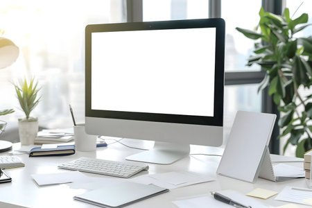 A pristine white desk, featuring a modern iMac, keyboard, and essential stationery. Clean and...