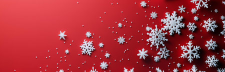 Red background with white snowflakes and small dots. Perfect for Christmas cards or winter celebrations.の写真素材