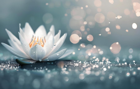 A stunning close-up of a pristine white water lily, glistening with water droplets, set against a dreamy backdrop.の写真素材