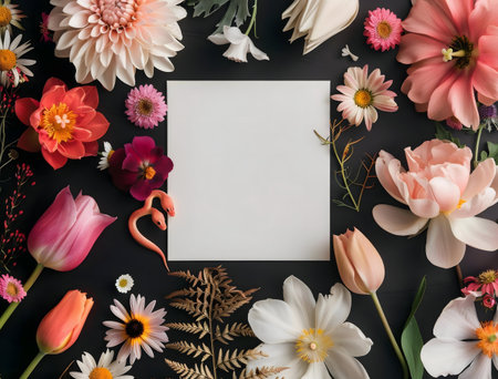A vibrant flatlay featuring an array of colorful flowers surrounding a blank white card. Perfect for invitations or announcements.の写真素材