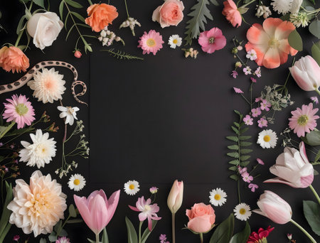 A beautiful floral frame featuring various pink, peach, and white flowers against a dark background.の写真素材