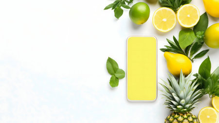 Bright summer citrus fruits around a yellow smartphone. Flat lay styles.