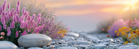 Peaceful sunset scene with blooming wildflowers, smooth pebbles and soft light.の写真素材
