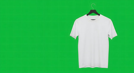 Blank white t-shirt hanging on green backdropの写真素材