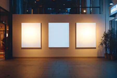 Three bright blank canvases on a wall at night. Minimalist art galleryの写真素材