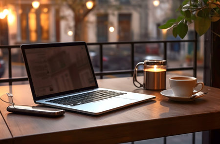 A laptop, coffee, and a candle illuminate a cozy workspace. Evening ambiance.の写真素材