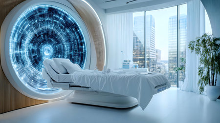 Modern hospital room with a futuristic design and a stunning city view.の写真素材