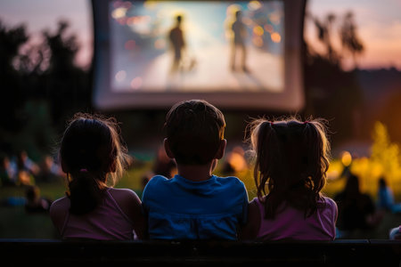 Three children sit together watching a movie outdoors on a summer night.の写真素材
