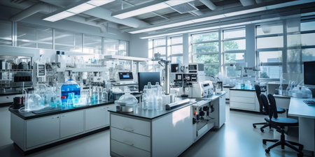 A pristine modern laboratory setting, showing advanced scientific equipment and a clean, organized workspace.の写真素材