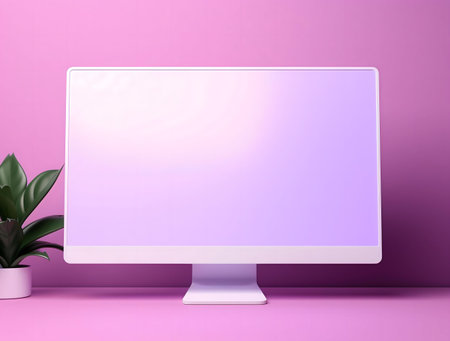 A clean, modern computer screen on a pink desk. Minimalist design.の写真素材