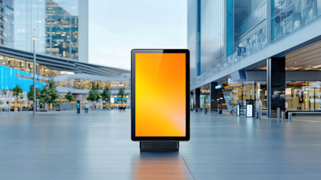 A large orange digital billboard stands in a modern city setting.の写真素材