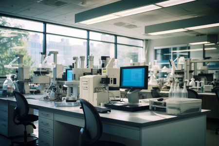 Image of a modern scientific lab featuring advanced equipment and computers, symbolizing research and innovation.の写真素材